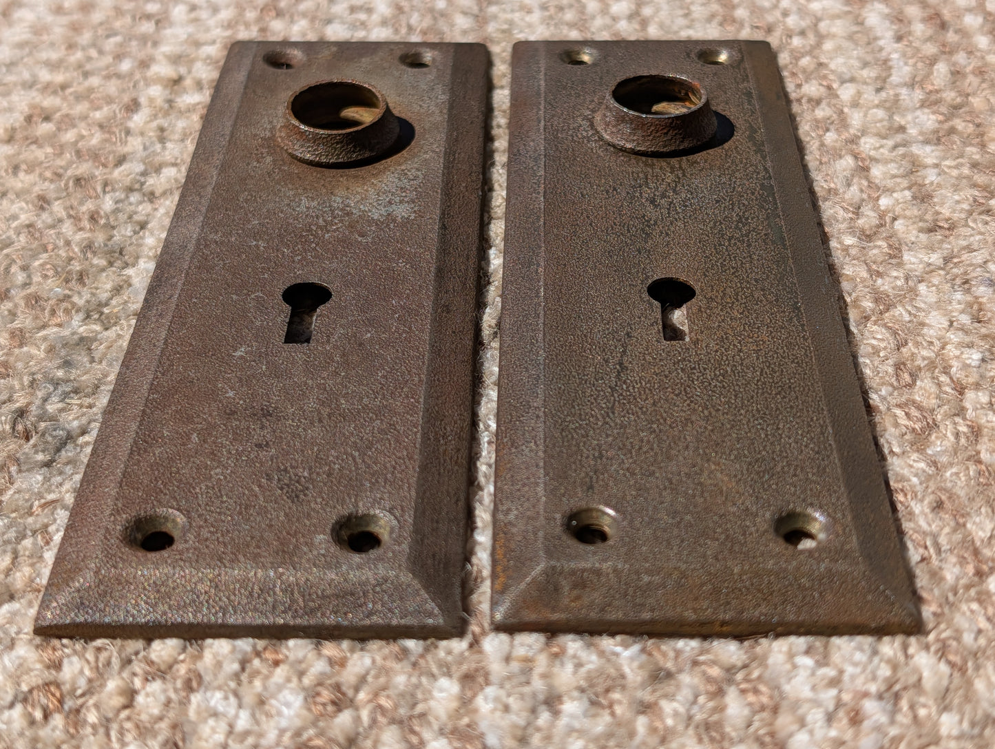 Pair Of Antique 2 1/4" x 7" Steel Door Knob Plate Hardware