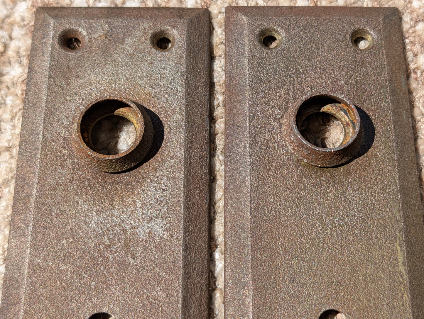 Pair Of Antique 2 1/4" x 7" Steel Door Knob Plate Hardware