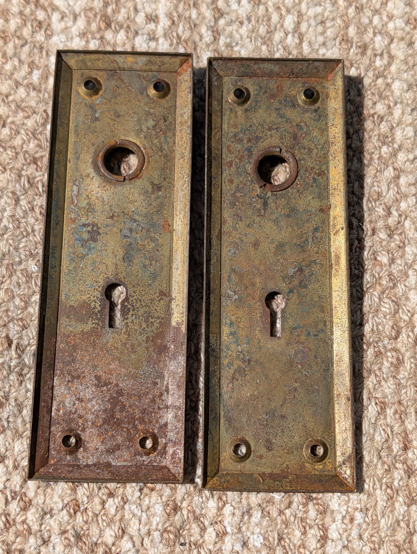 Pair Of Antique 2 1/4" x 7" Steel Door Knob Plate Hardware