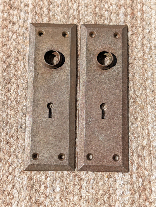 Pair Of Antique 2 1/4" x 7" Steel Door Knob Plate Hardware