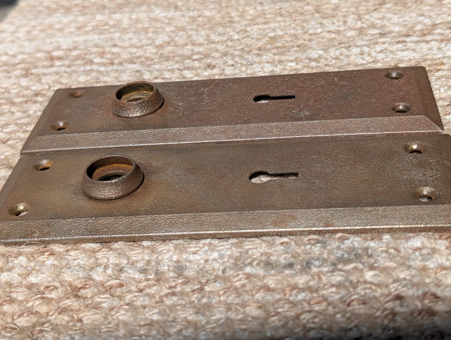 Pair Of Antique 2 1/4" x 7" Steel Door Knob Plate Hardware