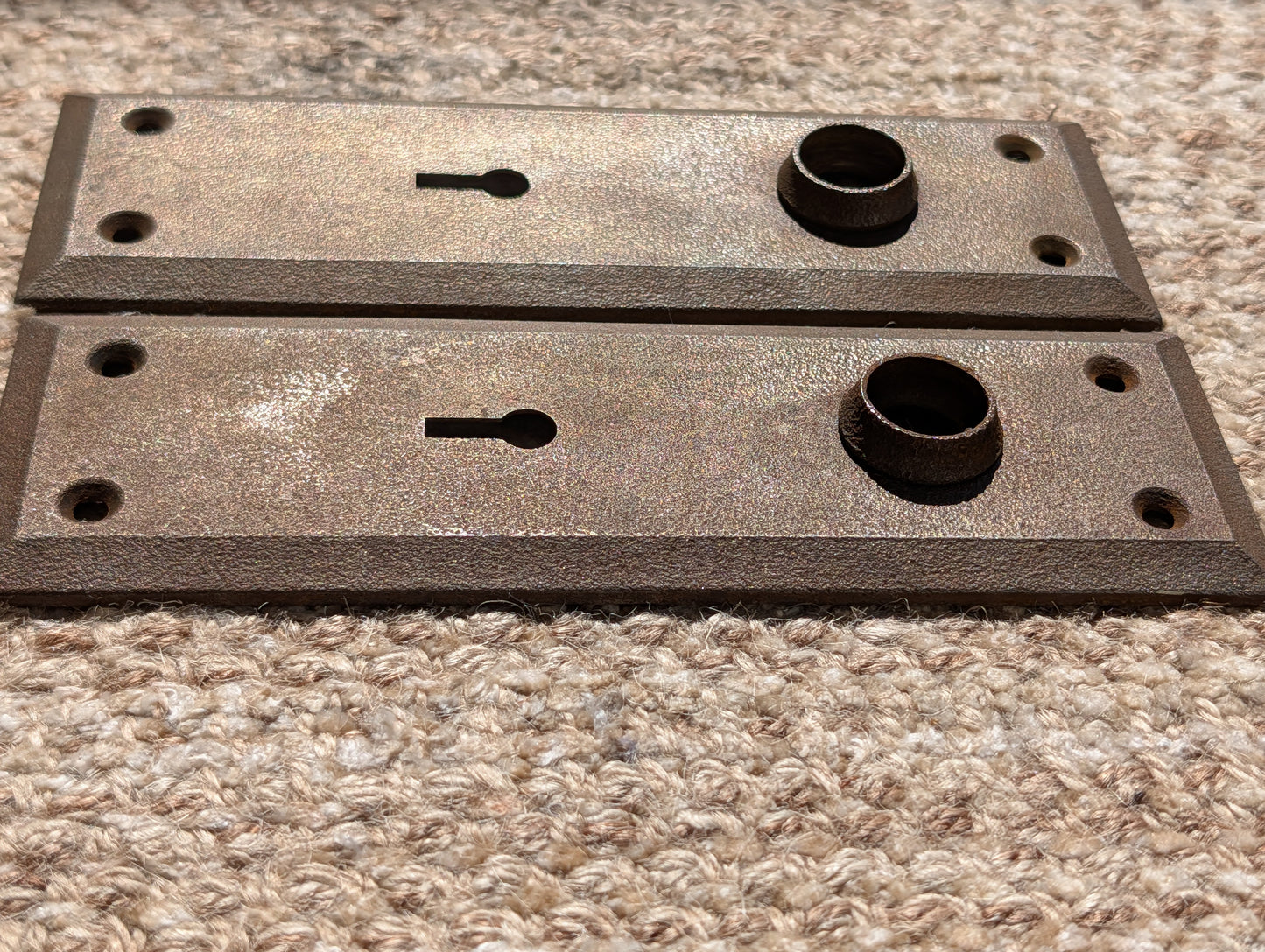 Pair Of Antique 2 1/4" x 7" Steel Door Knob Plate Hardware