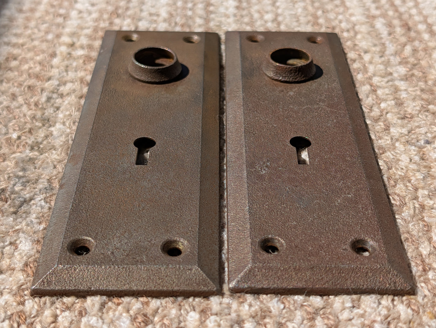 Pair Of Antique 2 1/4" x 7" Steel Door Knob Plate Hardware
