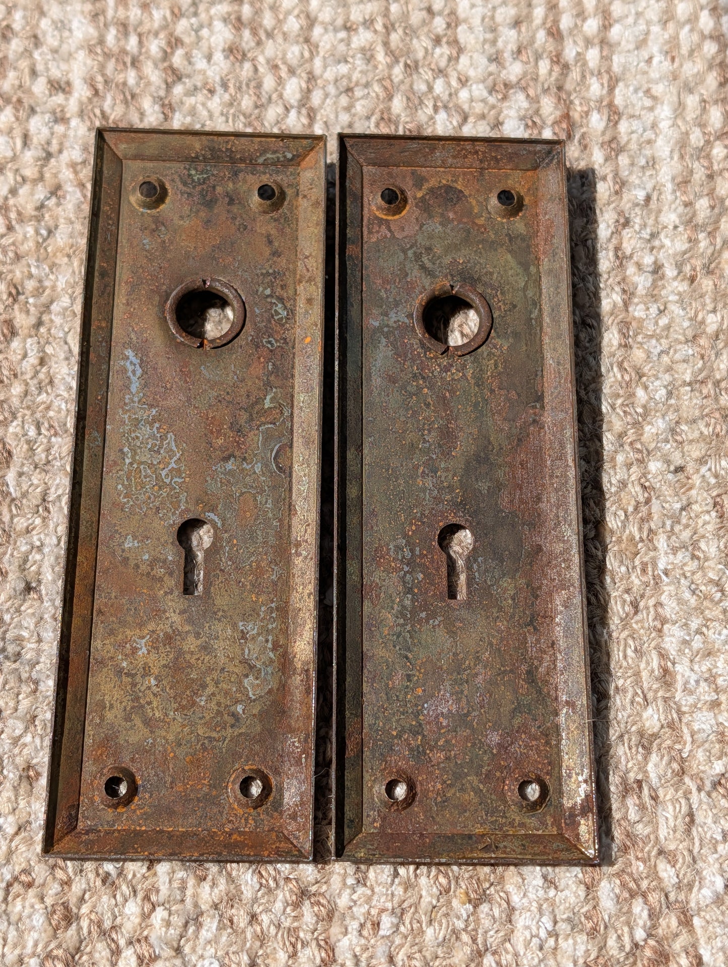Pair Of Antique 2 1/4" x 7" Steel Door Knob Plate Hardware
