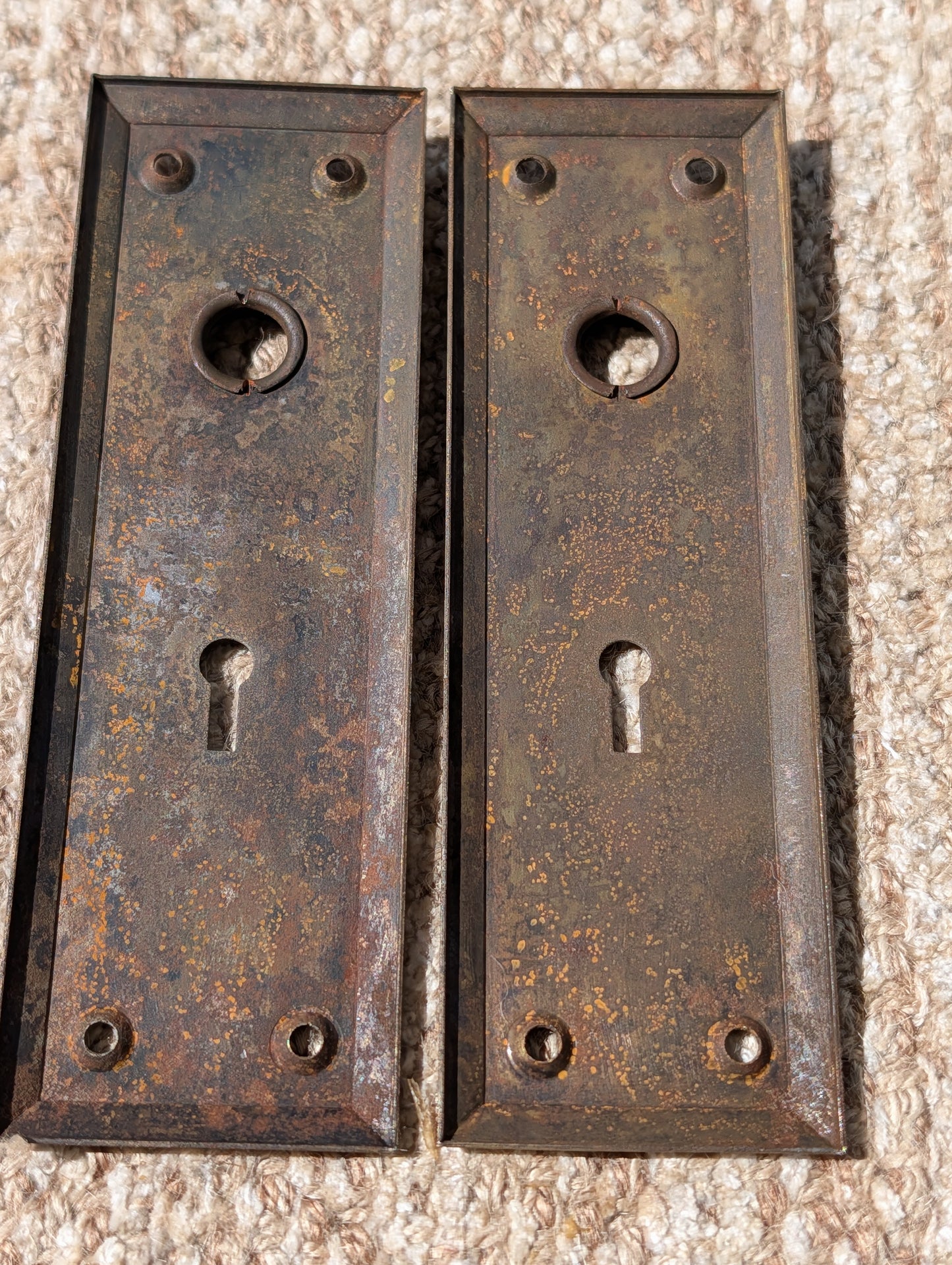 Pair Of Antique 2 1/4" x 7" Steel Door Knob Plate Hardware