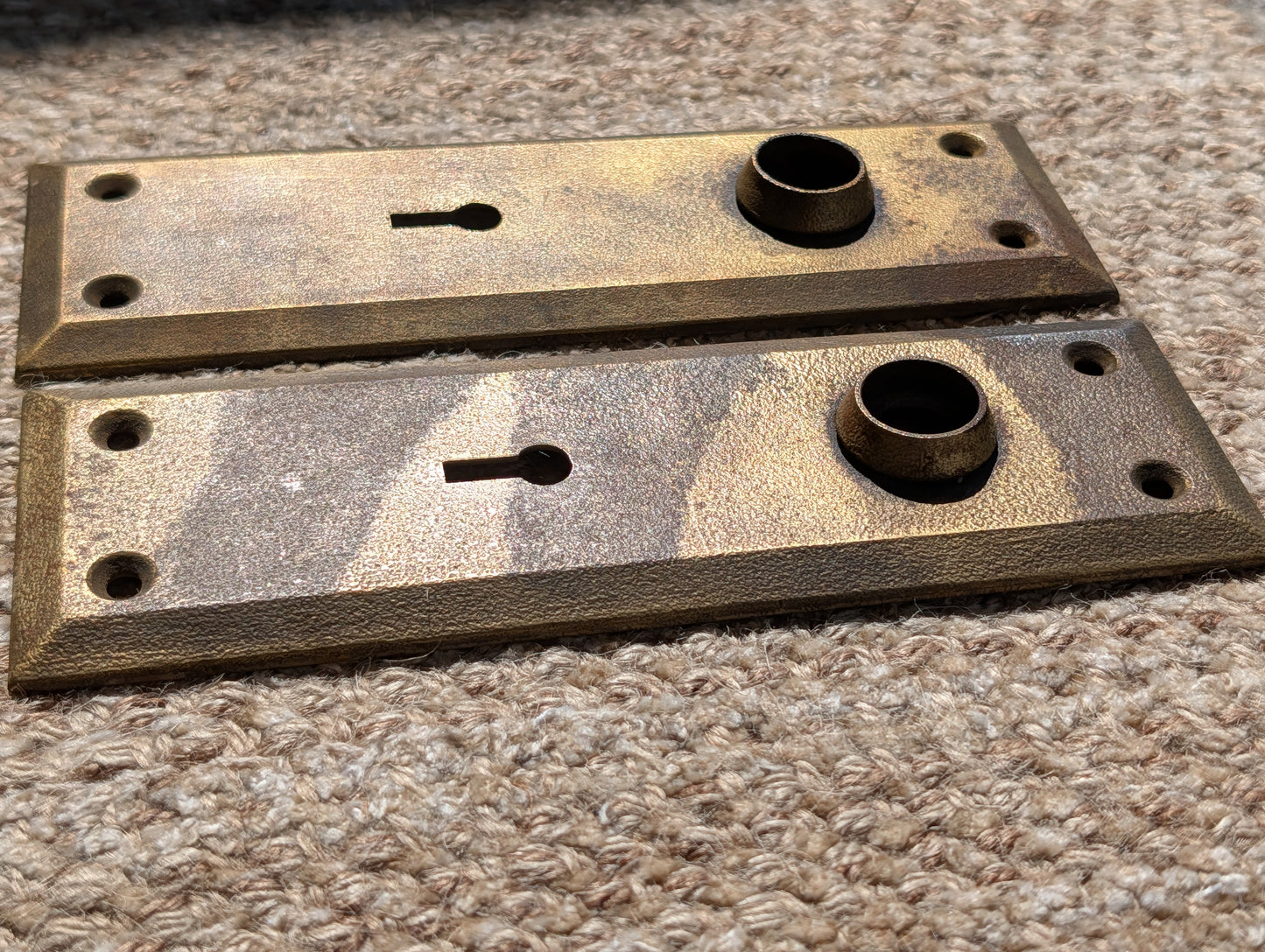 Pair Of Antique 2 1/4" x 7" Steel Door Knob Plate Hardware