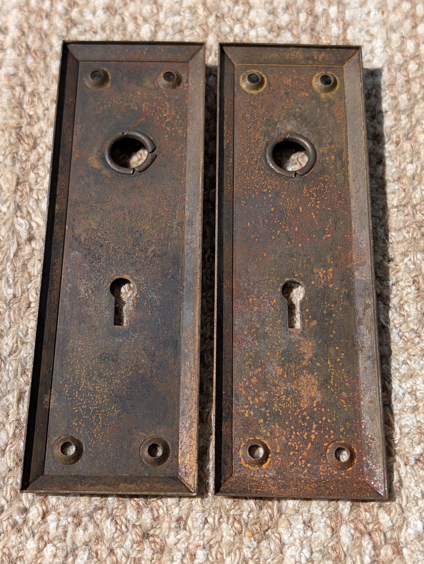 Pair Of Antique 2 1/4" x 7" Steel Door Knob Plate Hardware