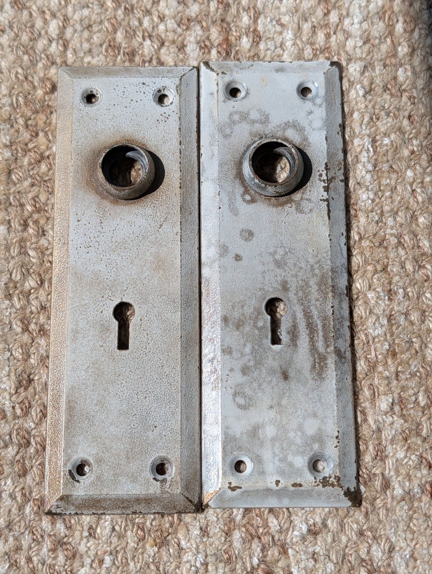 Pair Of Antique 2 1/4" x 7" Steel Door Knob Plate Hardware