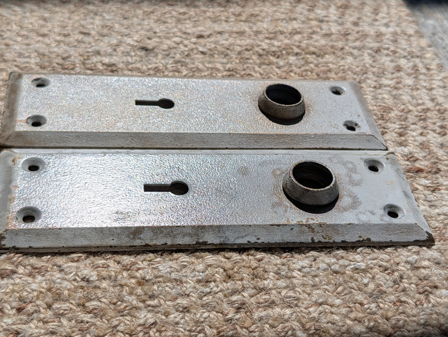 Pair Of Antique 2 1/4" x 7" Steel Door Knob Plate Hardware