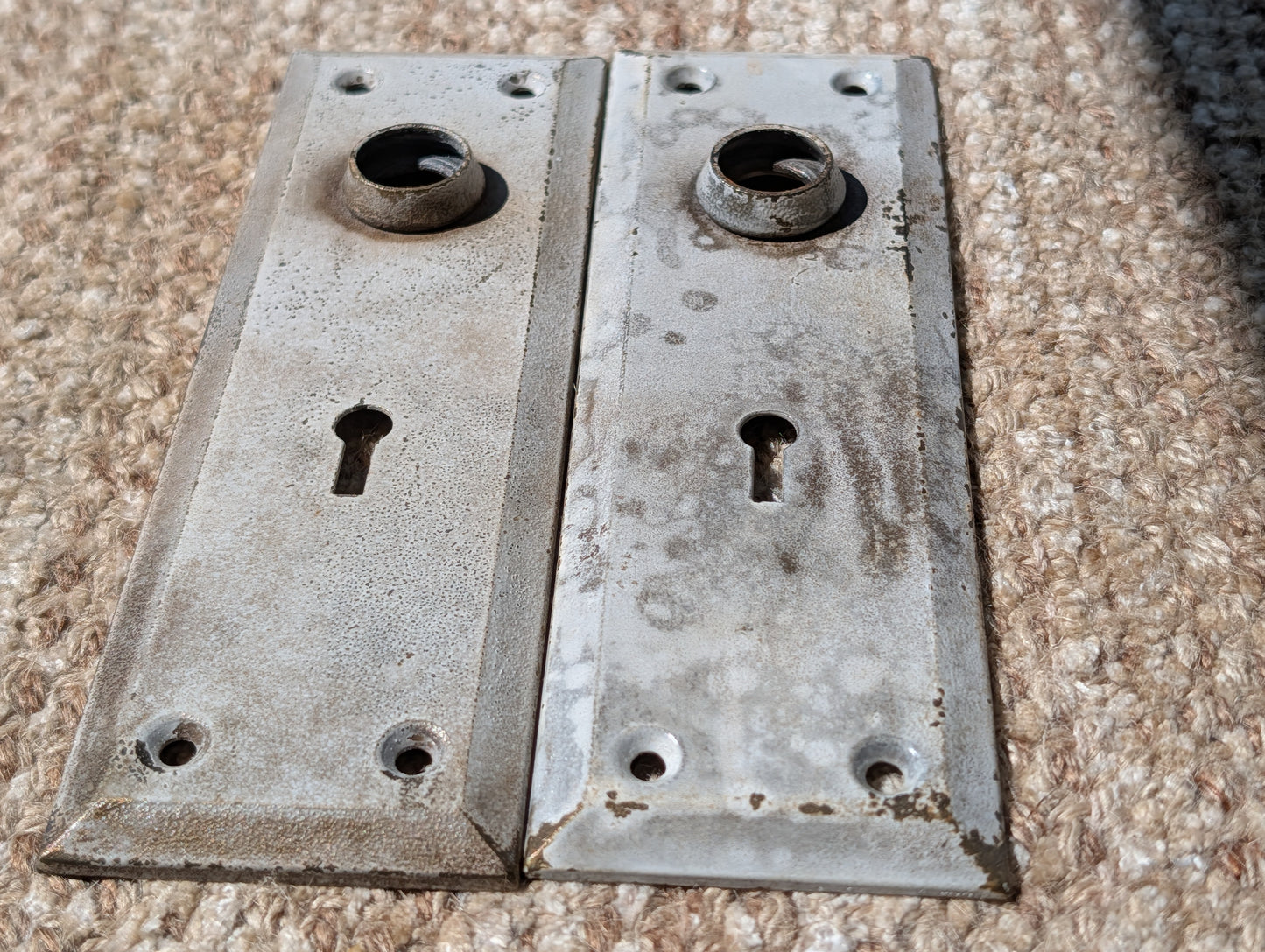 Pair Of Antique 2 1/4" x 7" Steel Door Knob Plate Hardware