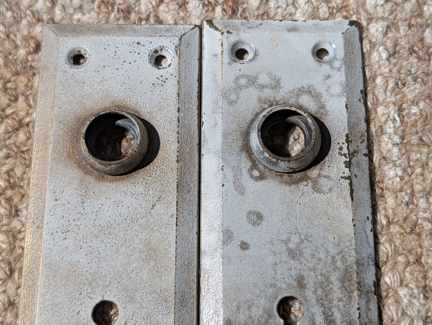 Pair Of Antique 2 1/4" x 7" Steel Door Knob Plate Hardware