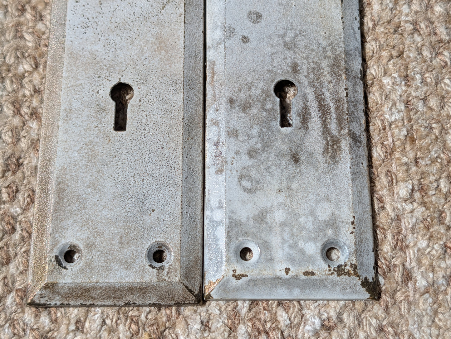 Pair Of Antique 2 1/4" x 7" Steel Door Knob Plate Hardware