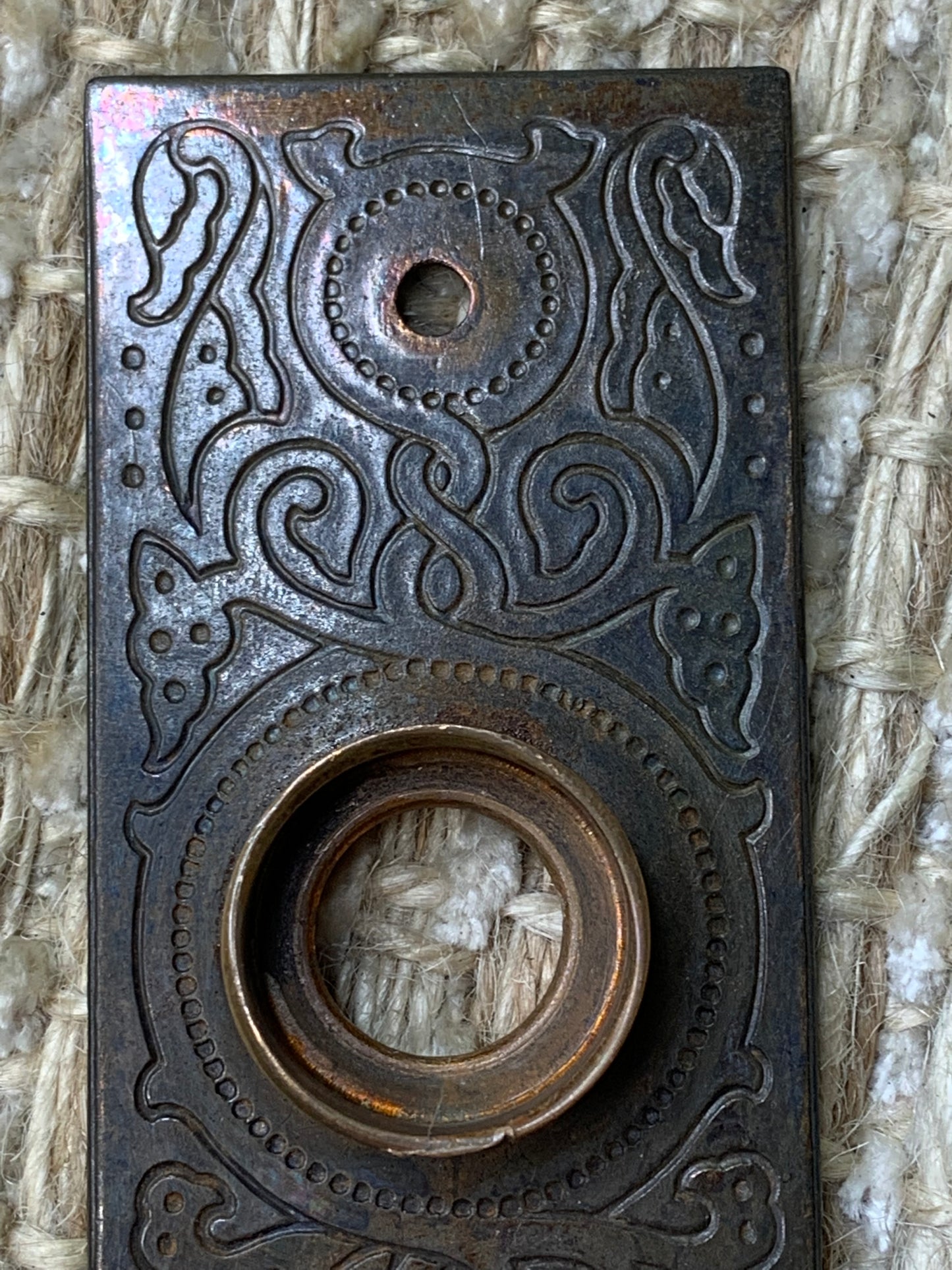 1 7/16" x 5 9/16" Antique Stamped Steel Door Knob Plate