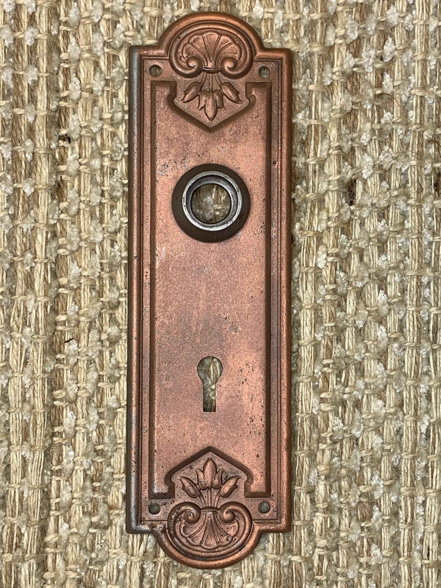 2 1/4" x 7 7/16" Antique Stamped Steel Door Knob Plate-Copper Finish