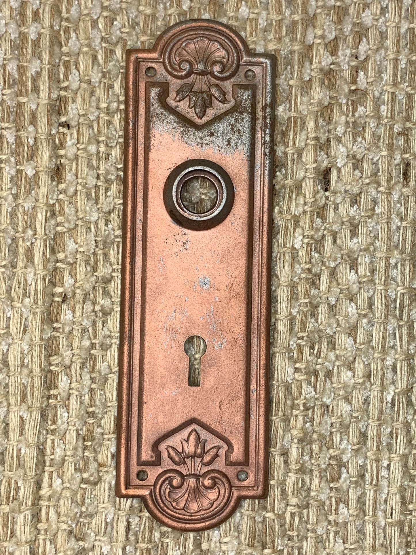 2 1/4" x 7 7/16" Antique Stamped Steel Door Knob Plate-Copper Finish