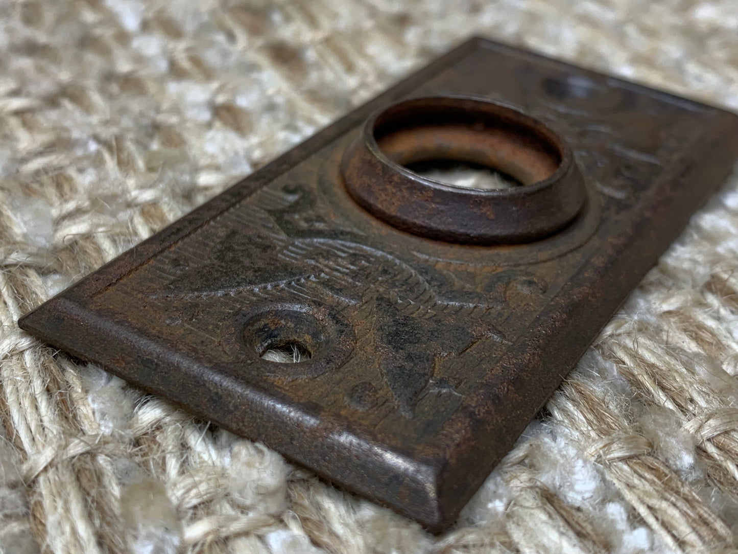 1 7/16" x 3" Antique Stamped Steel Door Knob Plate Rosette