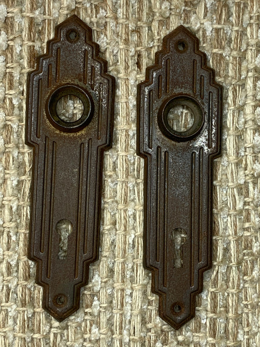 1 5/8" x 5 11/16" Pair Of Antique Stamped Steel Door Knob Plates