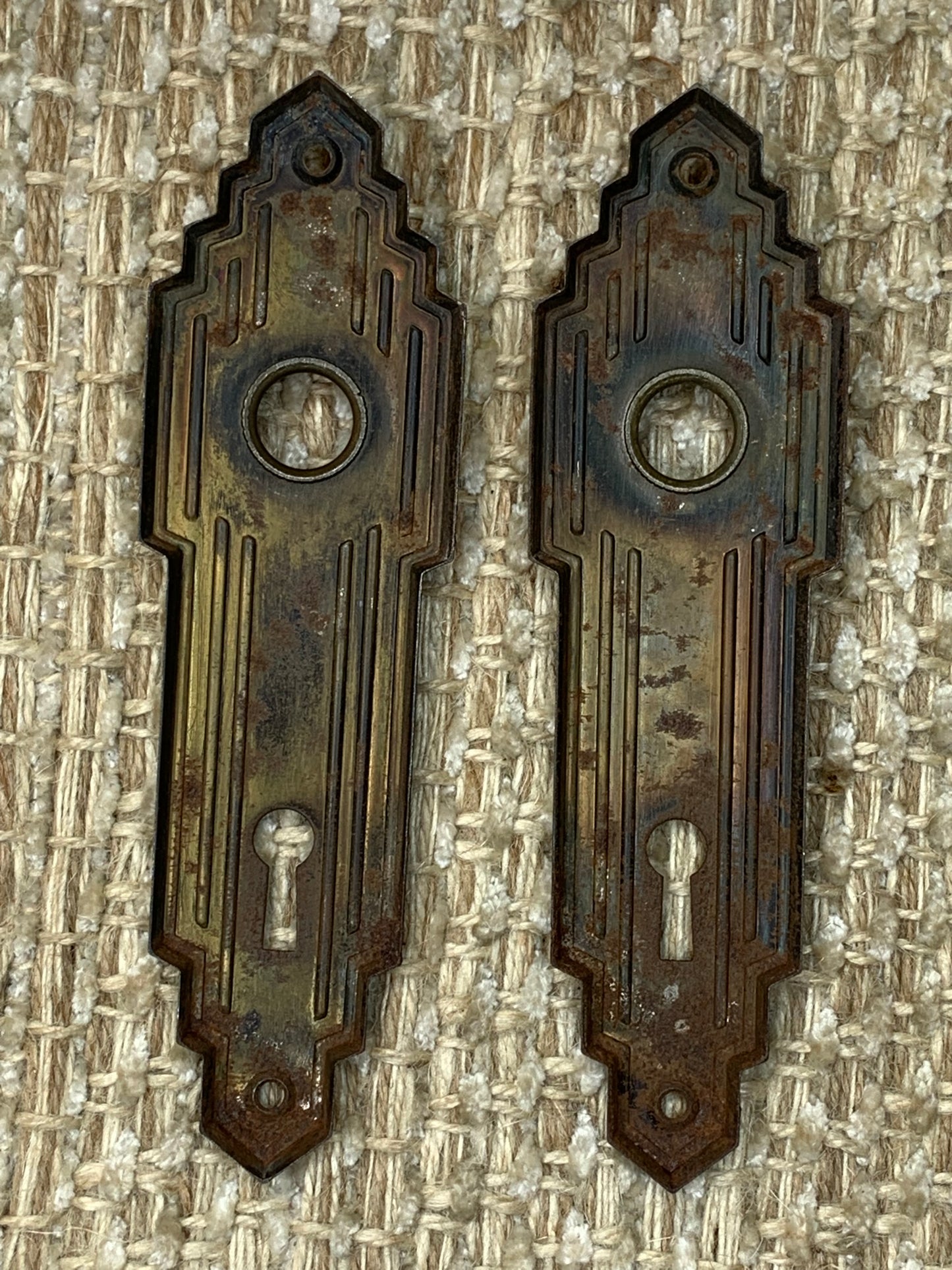 1 5/8" x 5 11/16" Pair Of Antique Stamped Steel Door Knob Plates