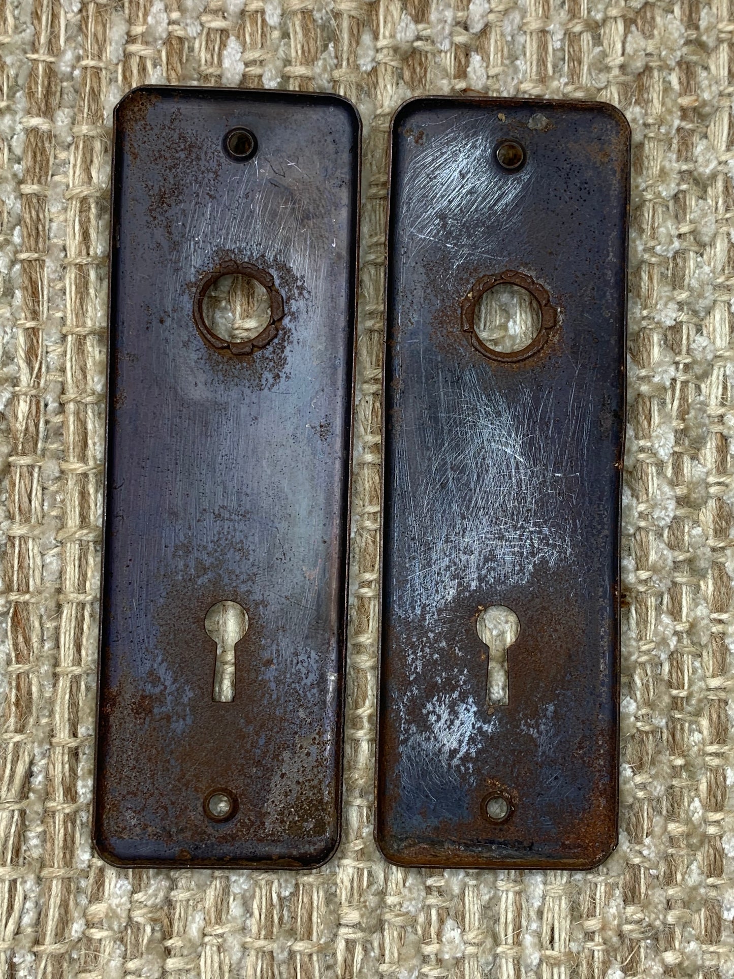 1 3/4" x 5 1/2" Pair Of Antique Stamped Steel Door Knob Plates