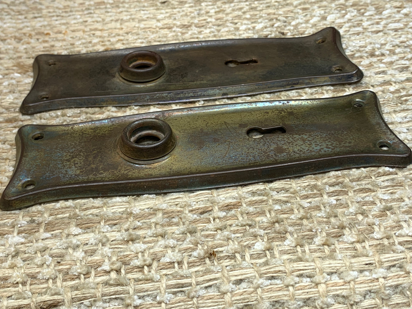 2 1/2" x 7 3/4" Pair Of Antique Stamped Steel Door Knob Plates