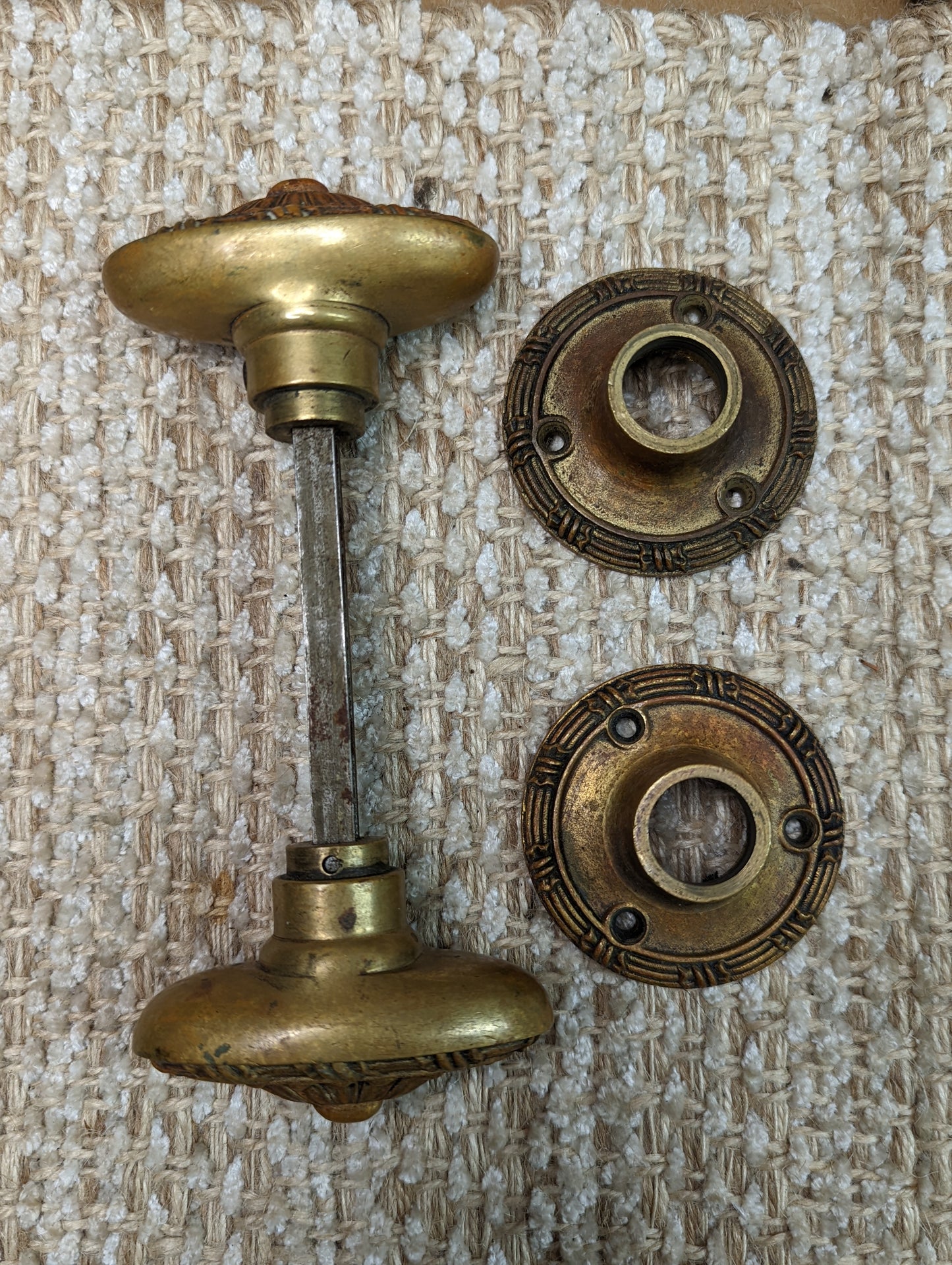 Antique Yale Cast Brass Oval Door Knob Set With Rosettes Circa 1899