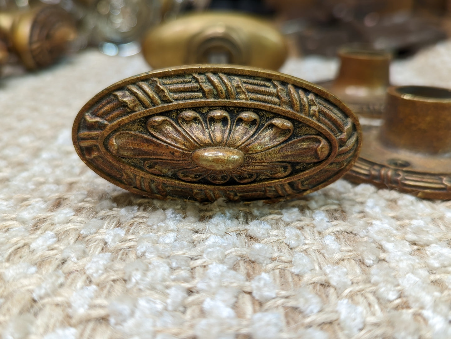 Antique Yale Cast Brass Oval Door Knob Set With Rosettes Circa 1899