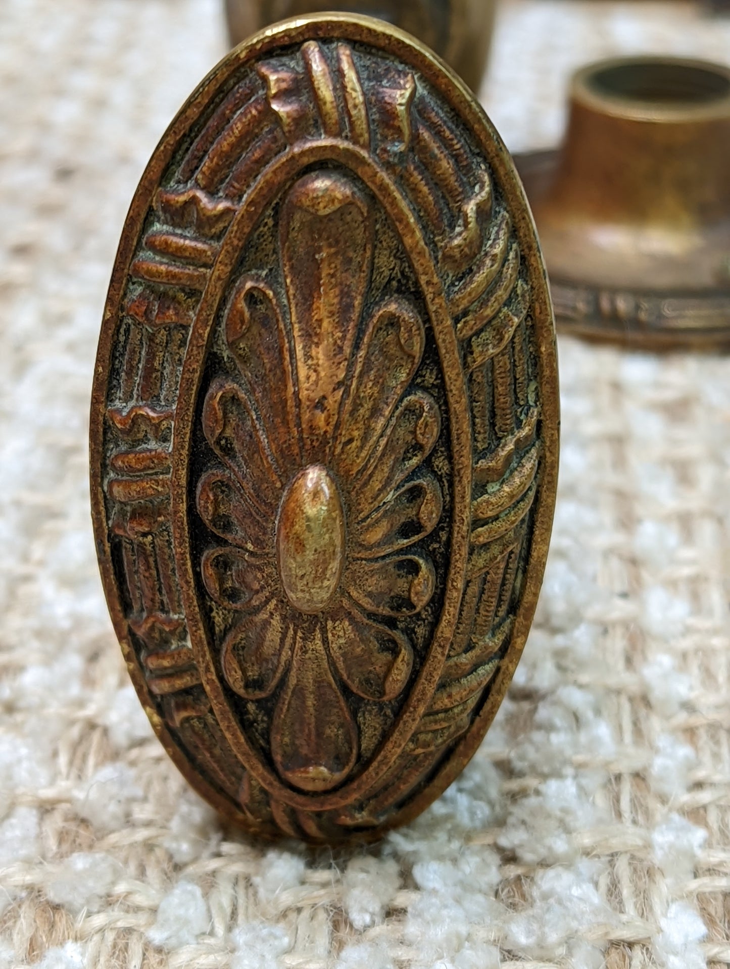 Antique Yale Cast Brass Oval Door Knob Set With Rosettes Circa 1899