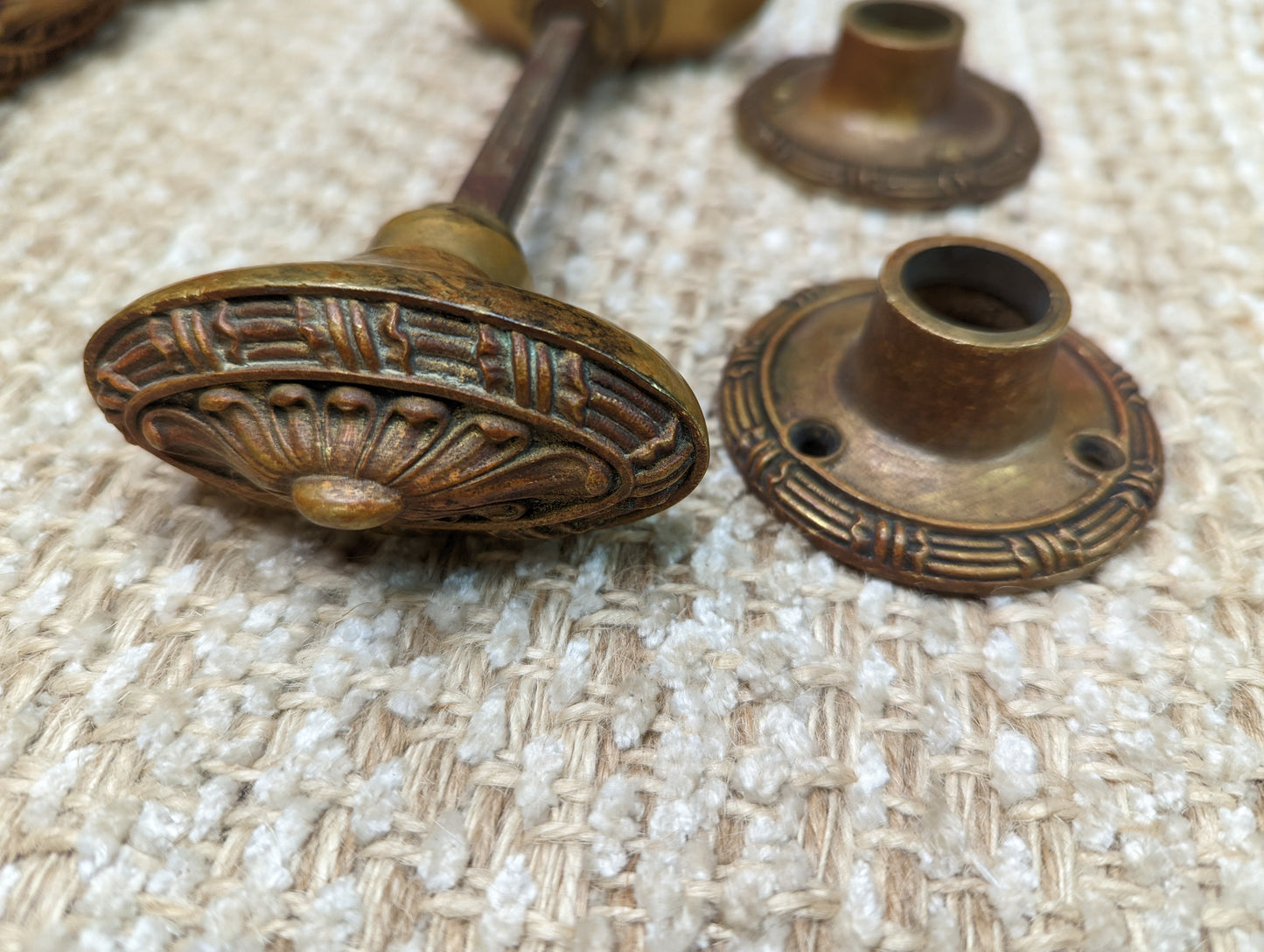 Antique Yale Cast Brass Oval Door Knob Set With Rosettes Circa 1899