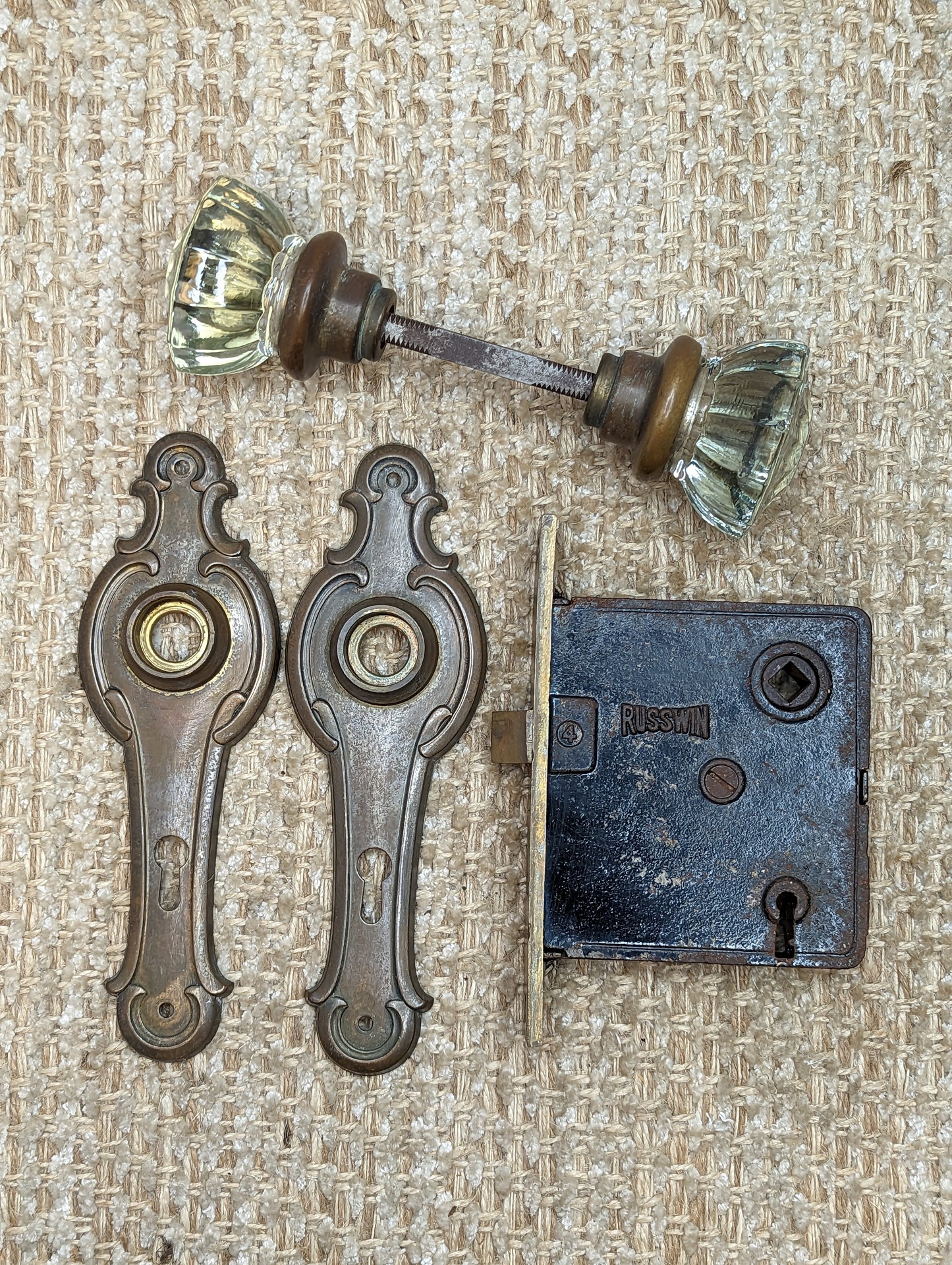 Antique Russwin Interior Mortise Lock #0389, Glass Door Knobs & Brass Door Knob Plates