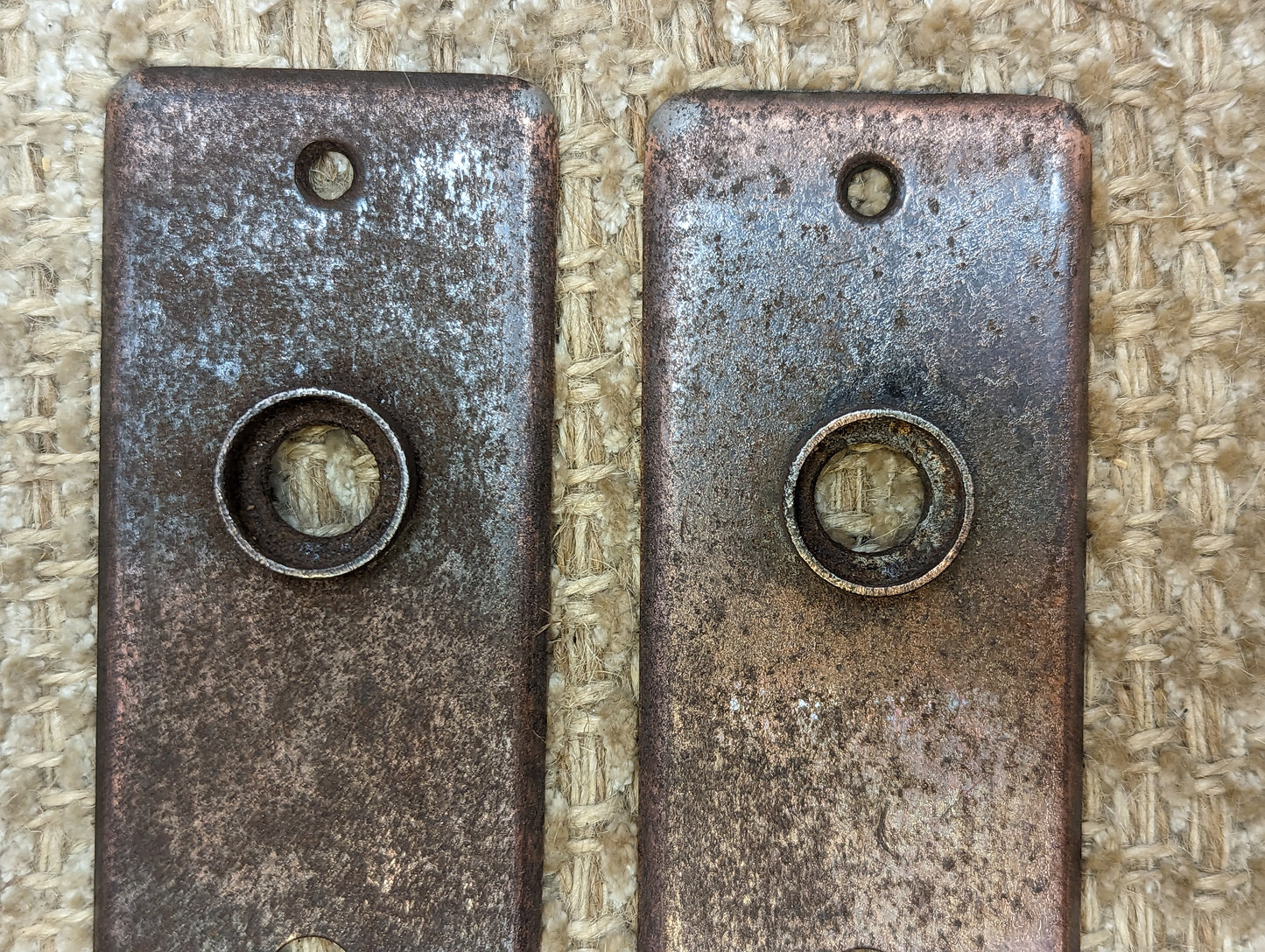 1 15/16" x 5 13/16" Pair Of Antique Stamped Steel Door Knob Plates