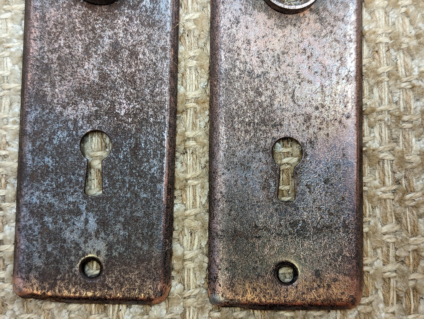 1 15/16" x 5 13/16" Pair Of Antique Stamped Steel Door Knob Plates