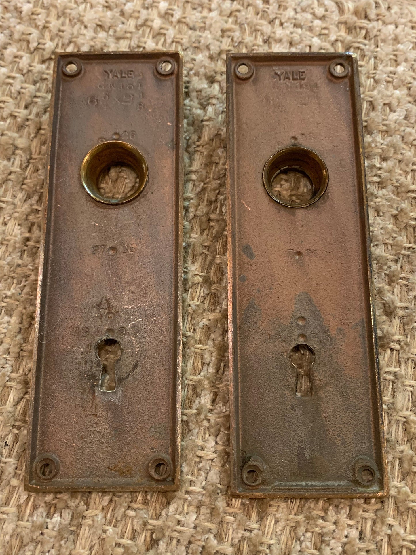 2 1/16" x 6 13/16" Pair Of Yale Antique Cast Brass Door Knob Plates