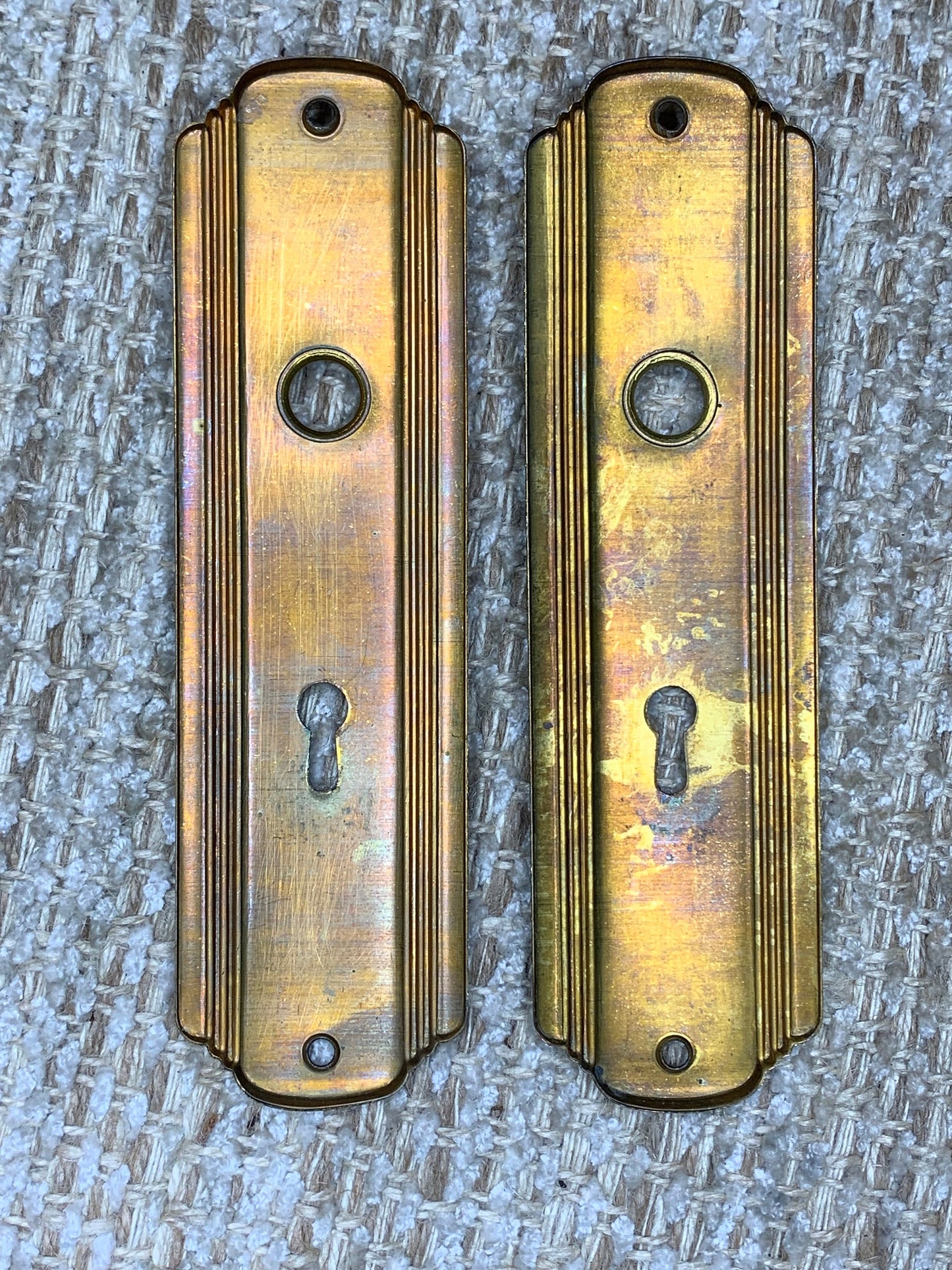 2" x 7 1/4" Pair Of Antique Stamped Brass Door Knob Plates