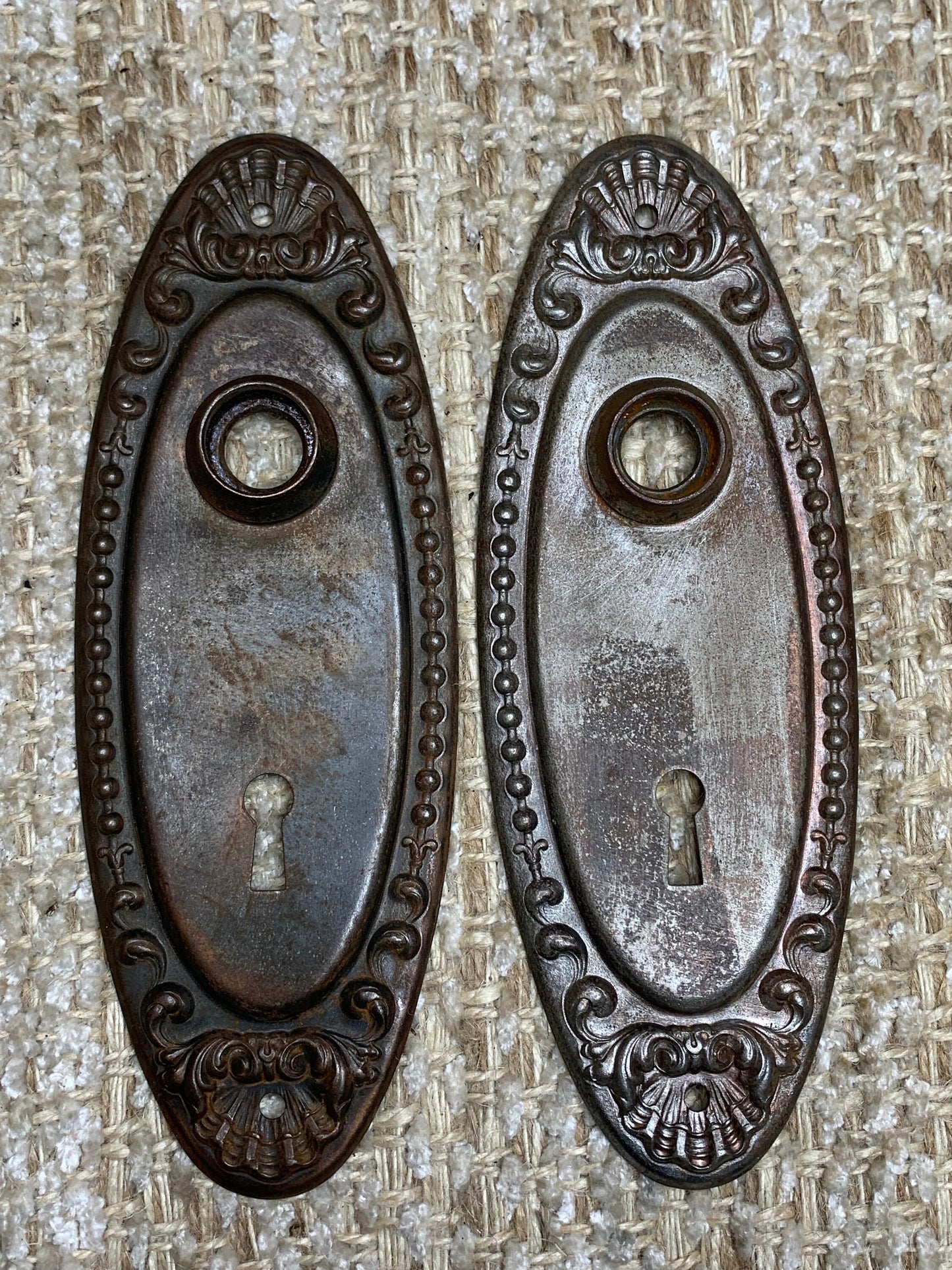 2 1/2" x 7" Pair Of Yale & Towne Antique Decorative Stamped Steel Door Plates “Lydian"