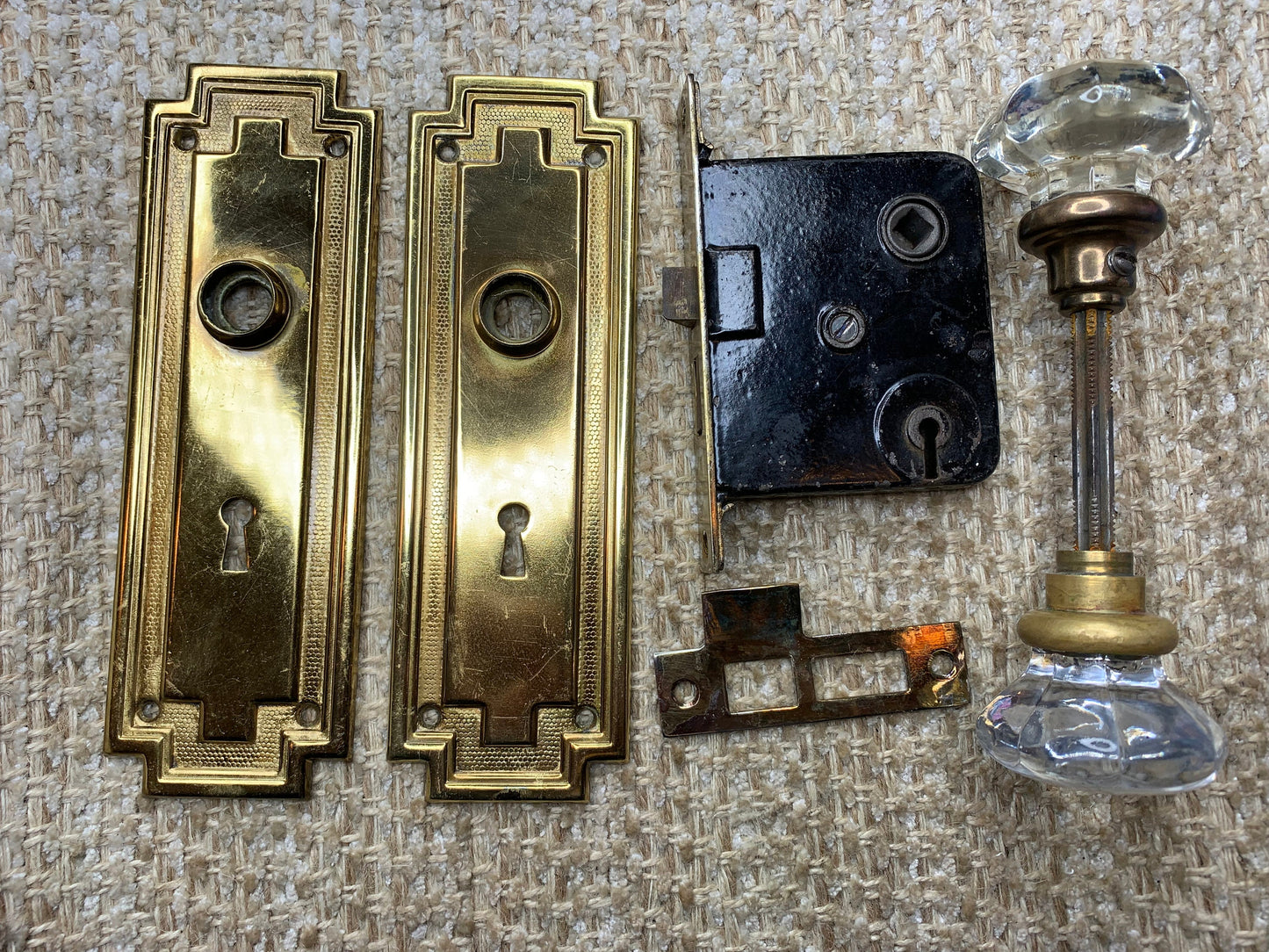 Antique Interior Mortise Lock #14, Glass Door Knobs & Brass Finish Door Knob Plates