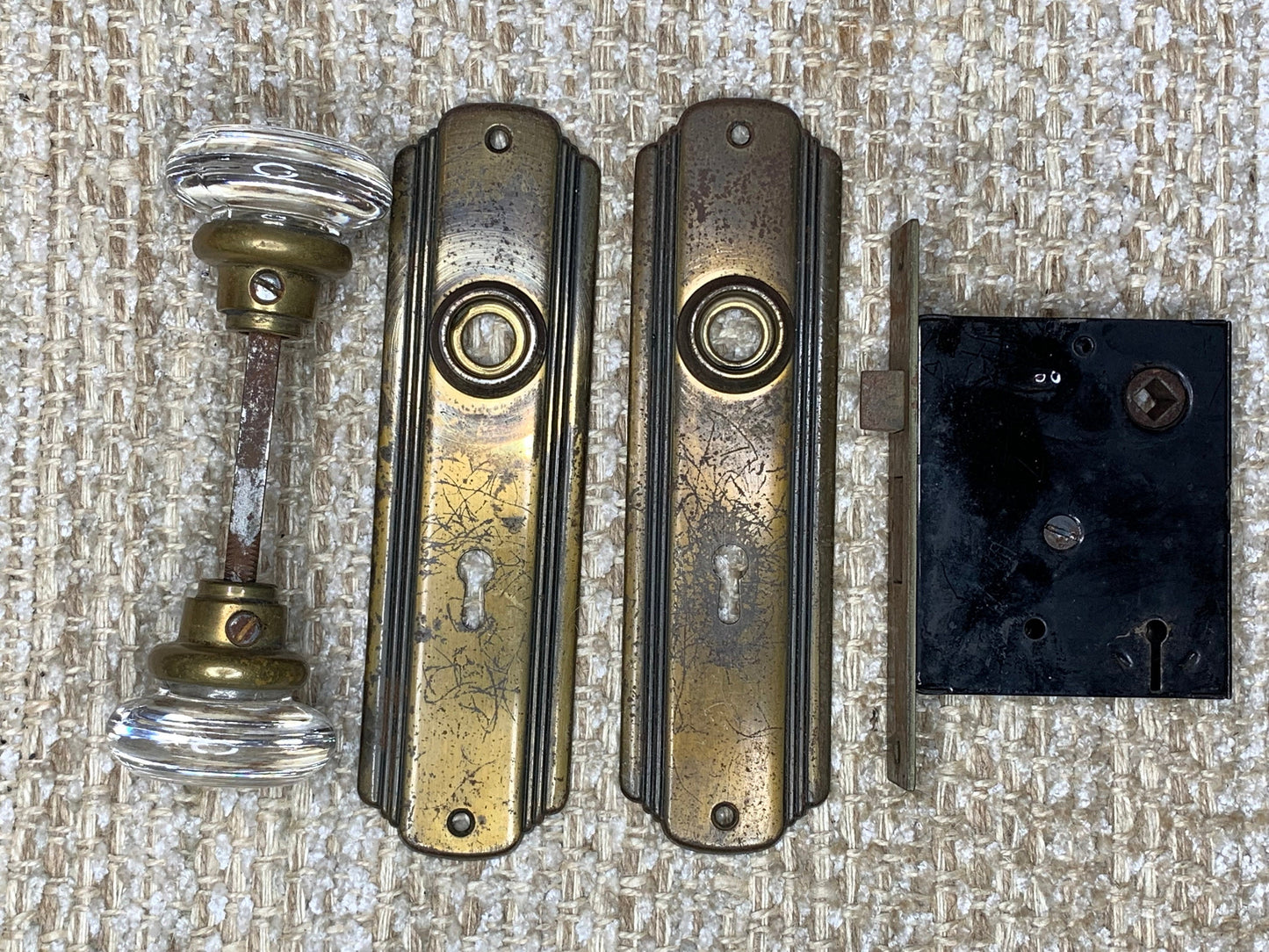 Antique Interior Mortise Lock, Glass Door Knobs & Brass Finish Door Knob Plates