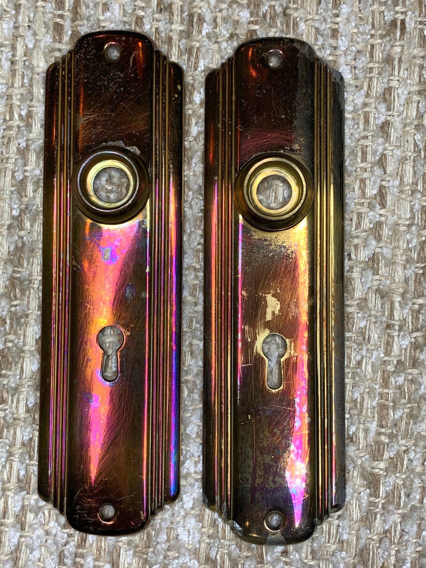 2" x 7 1/4" Pair Of Antique Stamped Brass Door Knob Plates