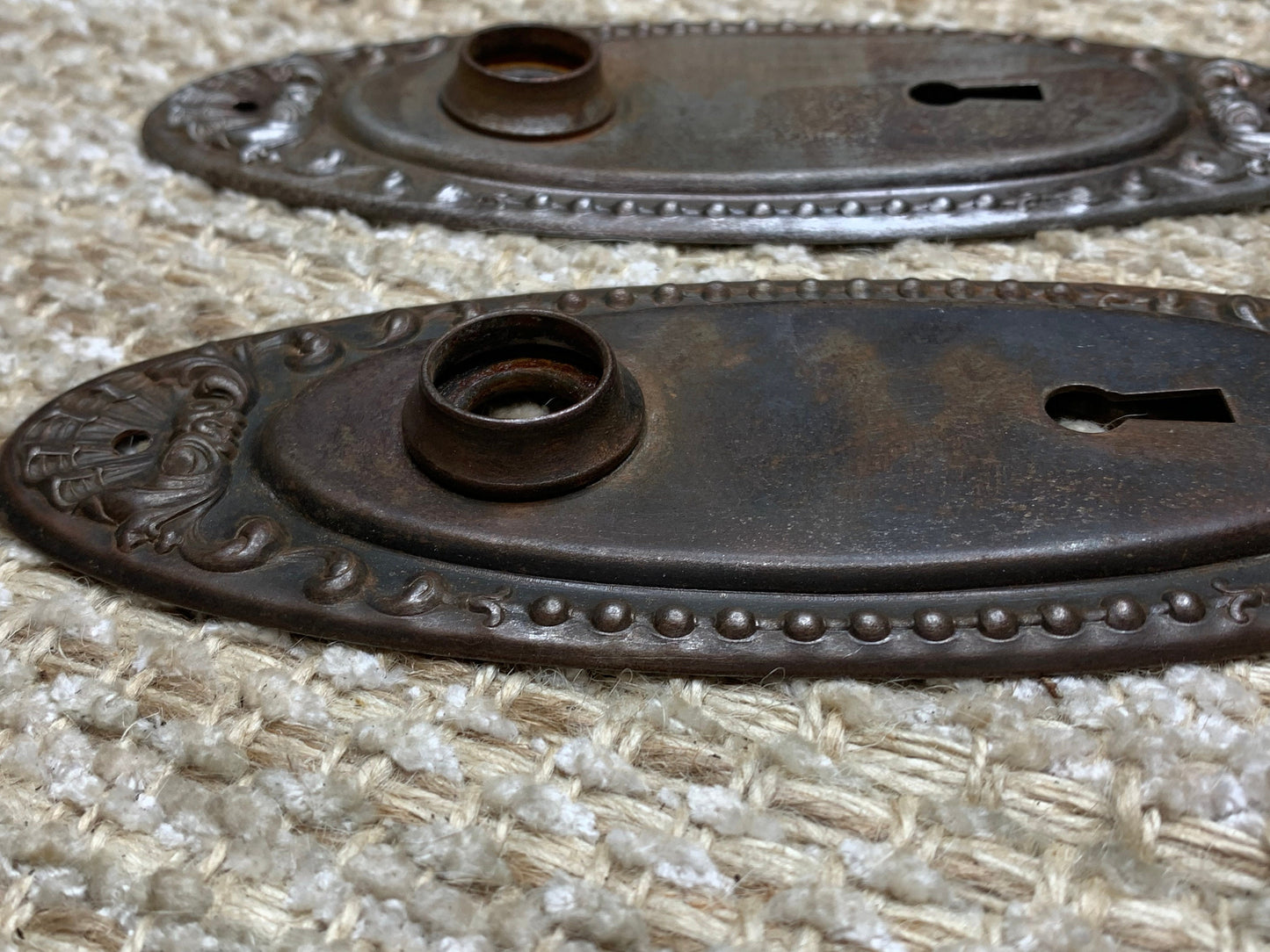 2 1/2" x 7" Pair Of Yale & Towne Antique Decorative Stamped Steel Door Plates “Lydian"