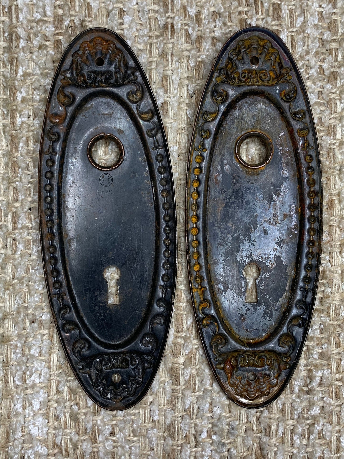 2 1/2" x 7" Pair Of Yale & Towne Antique Decorative Stamped Steel Door Plates “Lydian"