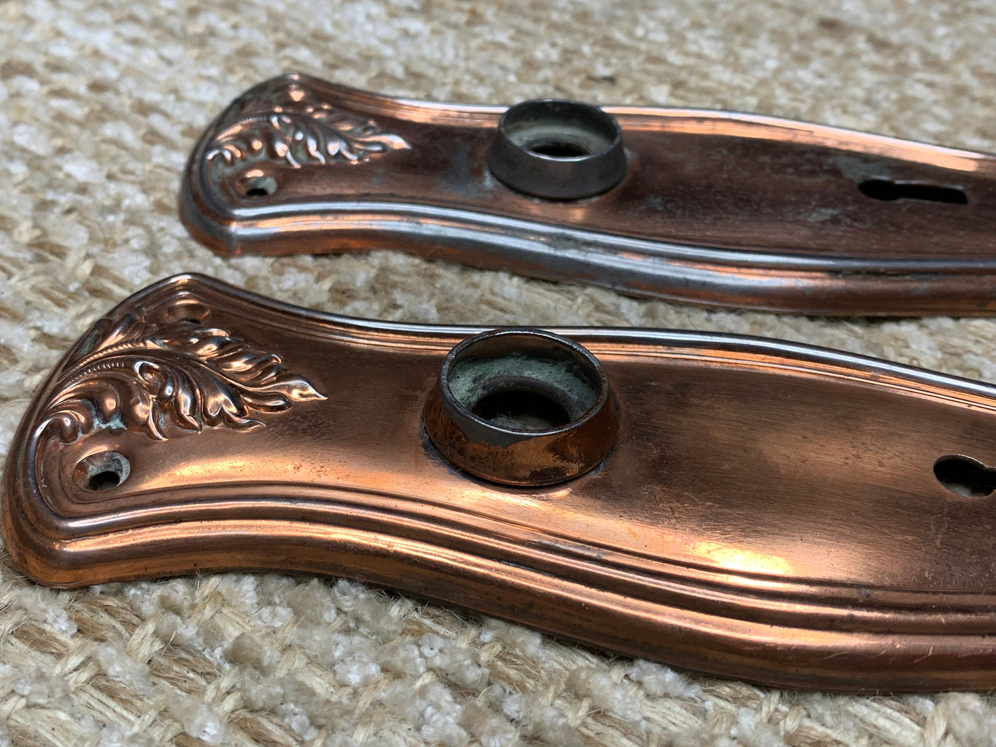 2 1/2" x 7 1/2" Pair Of Antique Stamped Steel Door Knob Plates