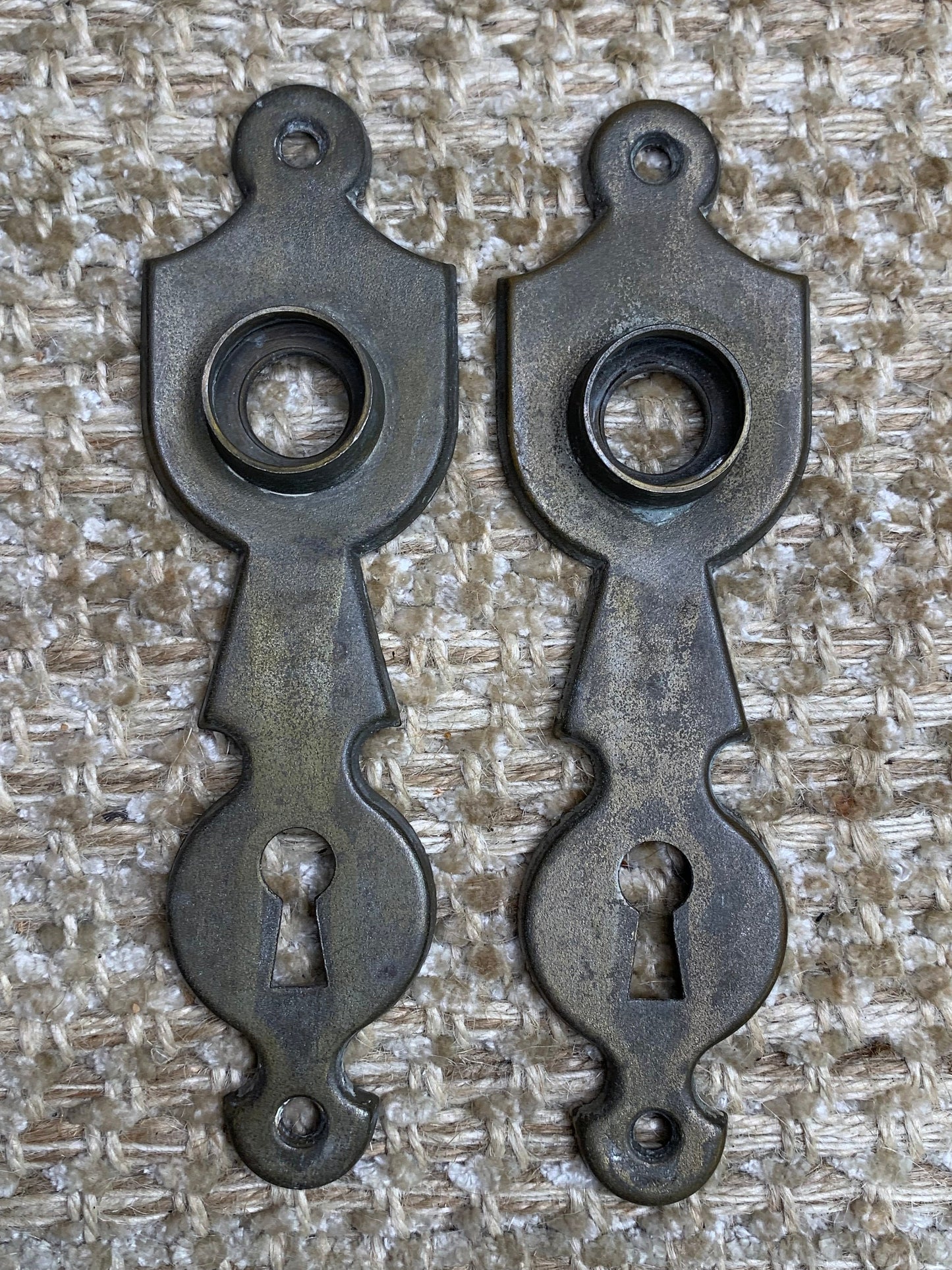 1 5/8" x 5 1/2" Pair Of Antique Stamped Brass Door Knob Plates