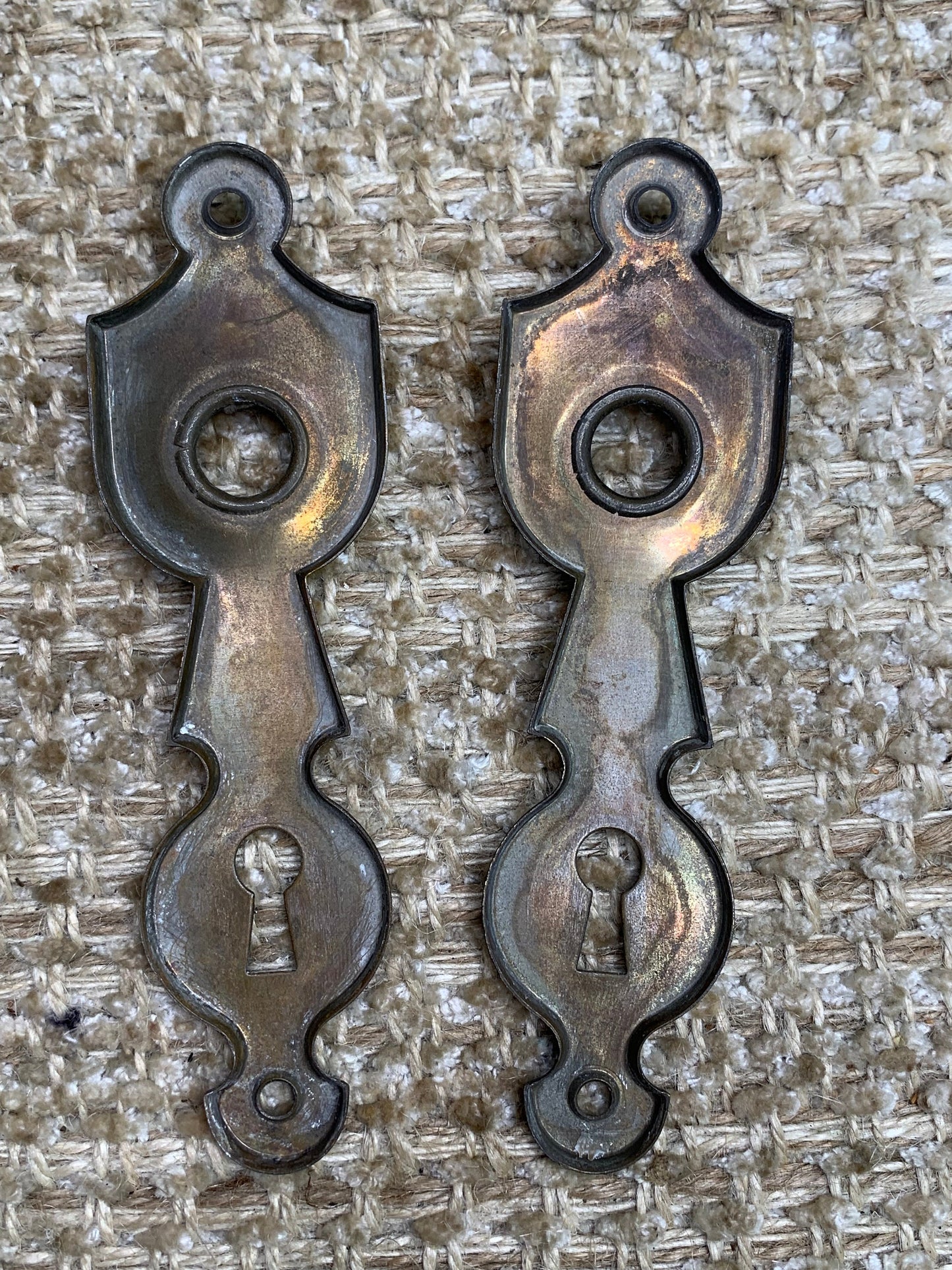 1 5/8" x 5 1/2" Pair Of Antique Stamped Brass Door Knob Plates