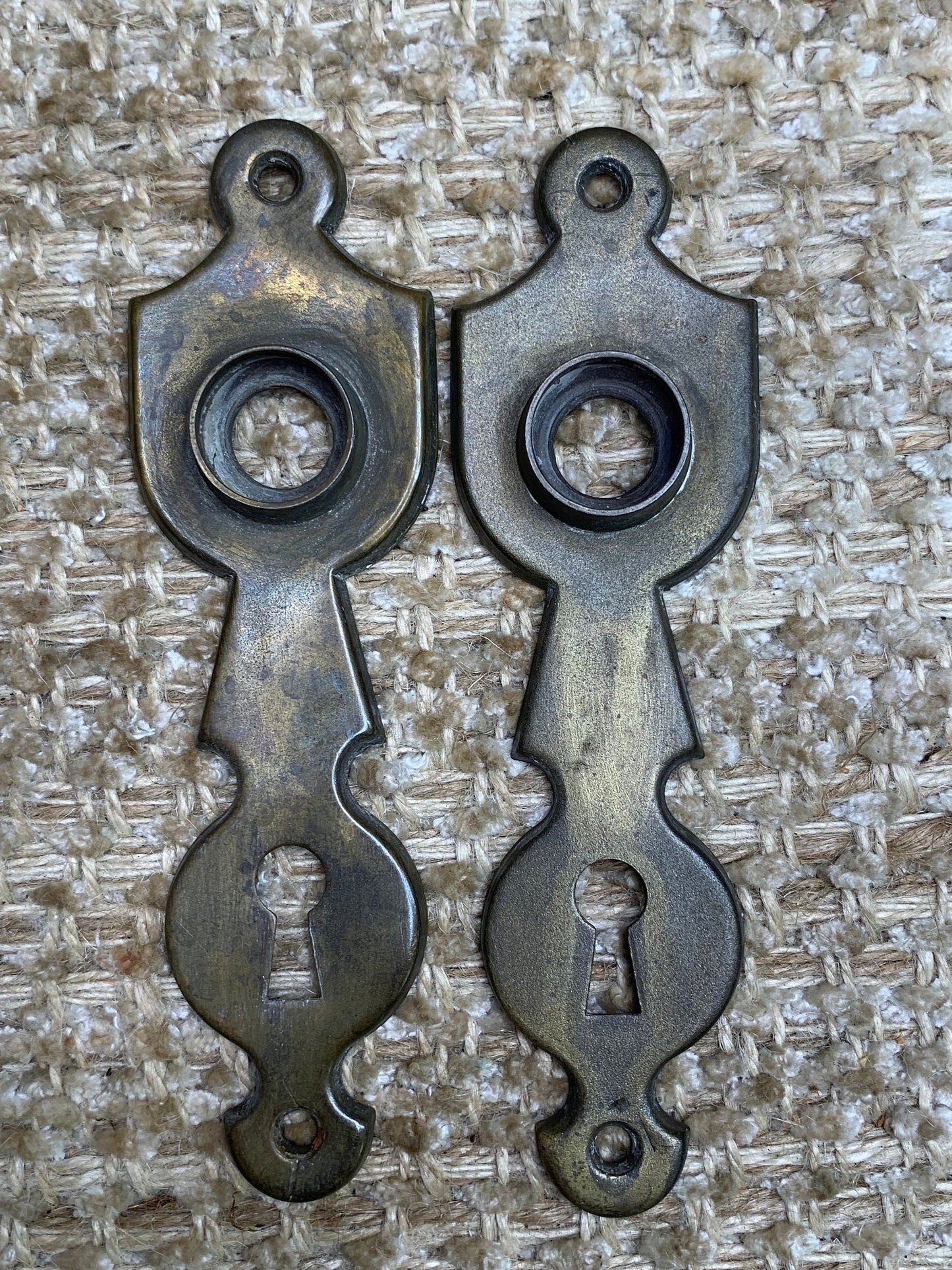 1 5/8" x 5 1/2" Pair Of Antique Stamped Brass Door Knob Plates